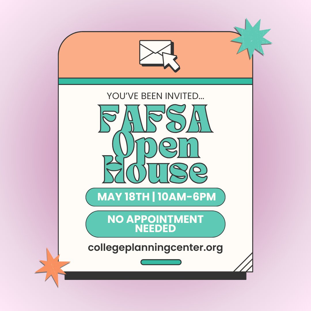 The CPC cordially invites you and your family to our FAFSA Open House. 
Here are the details:
✨Saturday, May 18th | 10AM-6PM
✨College Planning Center office @ Chapel View
✨No appointment necessary

#fafsa #events #openhouse #cpcri #rhodeisland #collegebound #highered
