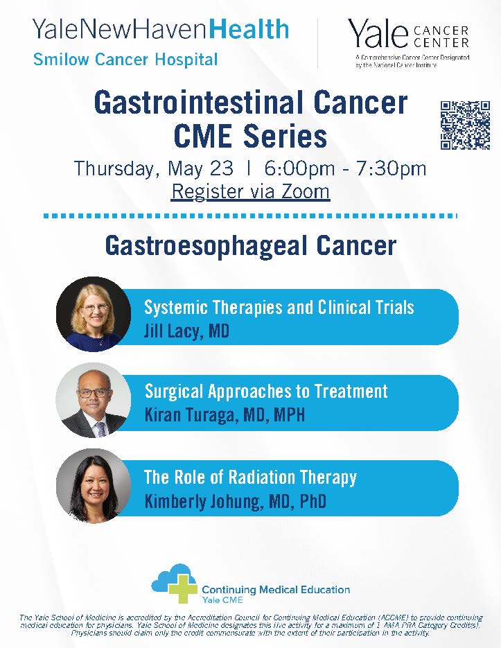 Please join our next @YaleGICancers #CME webinar on Gastroesophageal Cancer, Thursday, May 23 at 6pm EST with @lacyjil5, @kturaga, and @kim_johung. Register ⬇️ yale.zoom.us/webinar/regist… #gism @SmilowCancer @YaleMed @YNHH @YaleCME