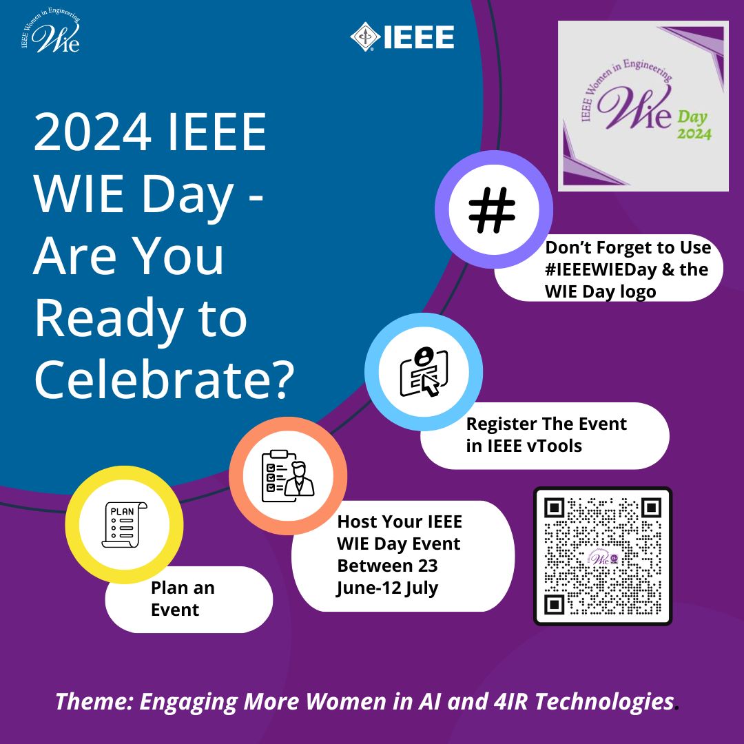 IEEE Women in Engineering Affinity Groups/Student Branch Affinity Groups - Have you organized your events? Theme: Engaging More Women in AI and 4IR Technologies. We encourage you to visit the WIE Day page on our website for more information. bit.ly/3CJgLbv