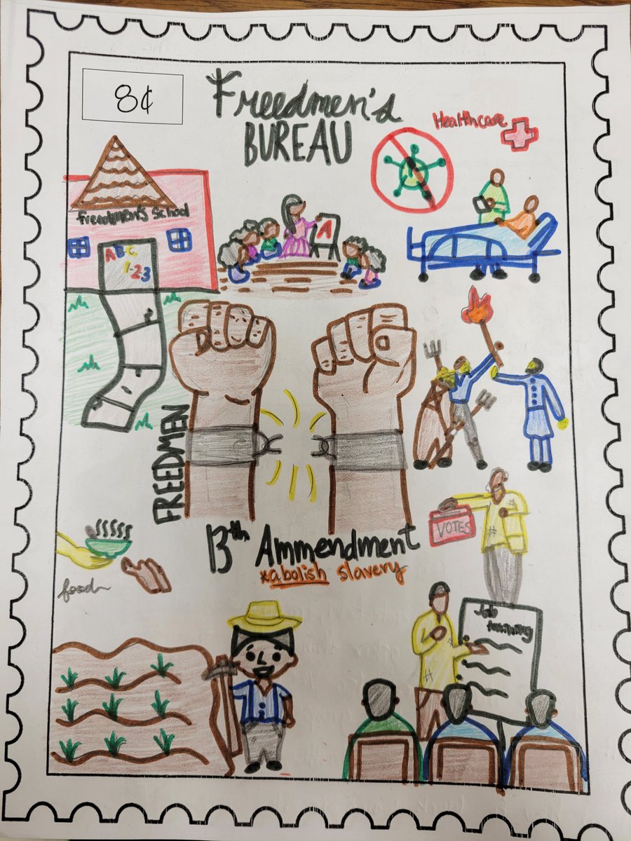Tollen16's tweet photo. My 8th graders created Commemorative Stamps for a US History topic. They had to explain their images and why that topic was significant. #historyandart
@nisdmsss @JordanNISD https://t.co/tmgivB7cDt