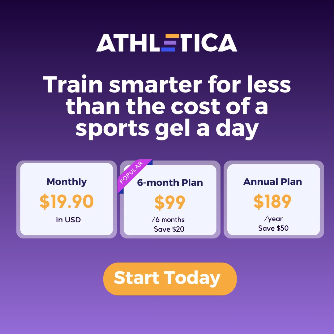 Get smarter with your training without burning a hole in your pocket. Athletica's training programs are efficient and affordable. Join now and try it out for FREE for 14 days! Check it out at athletica.ai.
