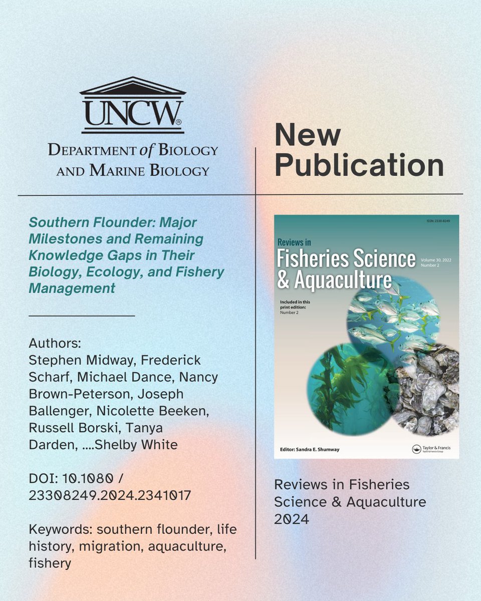 Congrats to our dept's Dr. Fred Scharf for his newest publication!

'Southern Flounder: Major Milestones and Remaining Knowledge Gaps in Their Biology, Ecology, and Fishery Management'
- Reviews in Fisheries Science & Aquaculture
doi.org/10.1080/233082…

#marinebiology