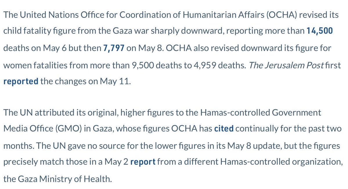 Shocking: According to the FDD, child deaths in Gaza were revised by @UNOCHA from 14,500 down to 7,797. Adult female deaths revised from 9,500 down to 4,959. There has been controversy about what these numbers mean, so I'm going to try and clarify. fdd.org/analysis/2024/…