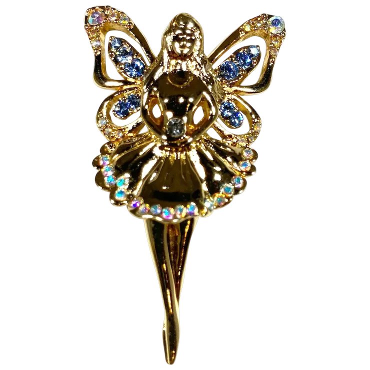 Monet Shiny Goldtone Fairy Ballerina Pin with Blue Aurora Rhinestone Accents #rubylane #vintage #brooch #designer #hautecouture #FunFigurals #rhinestones #vintagejewelry #giftideas #jewelryaddict #vintagebeginshere #fashionista #diva #glam rubylane.com/item/136230-E1…