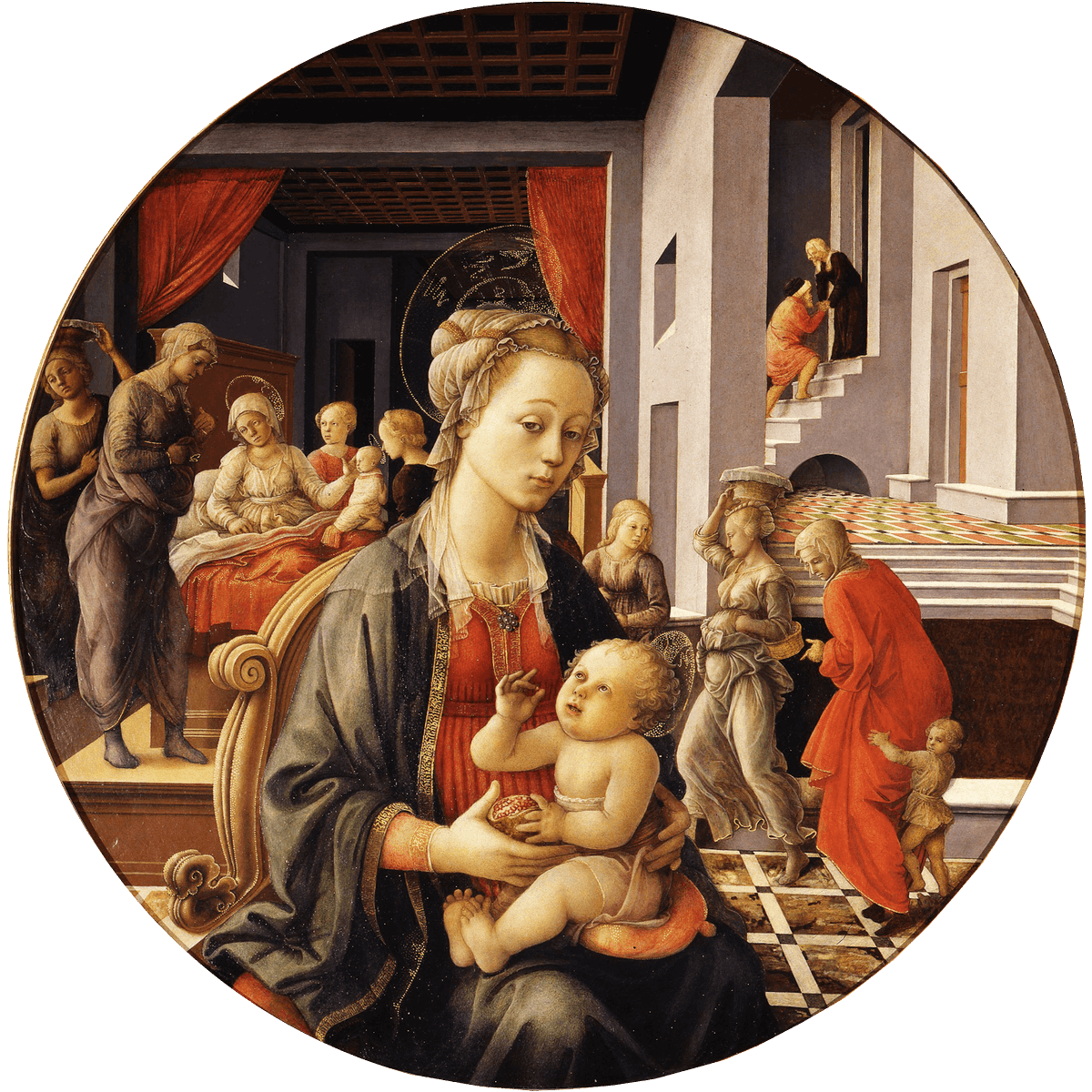 Madonna z Dzieciątkiem i sceny z życia św. Anny 1452cm 135cm Filippo Lippi Po prawej stronie na klatce schodowej ukazane jest spotkanie Anny z Joachimem. Po lewej narodziny Dziewicy z Anną w otoczeniu kobiet, które opiekują się nią i noworodkiem i przynoszą prezenty Florencja