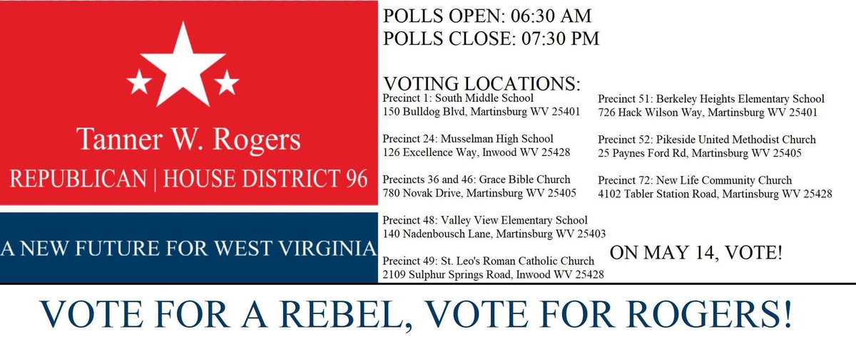 District 96: Tomorrow’s Election Day, and I’d be honoured to have your vote! 
↓ Check your precinct location below ↓ #wvpol #MartinsburgWV #InwoodWV