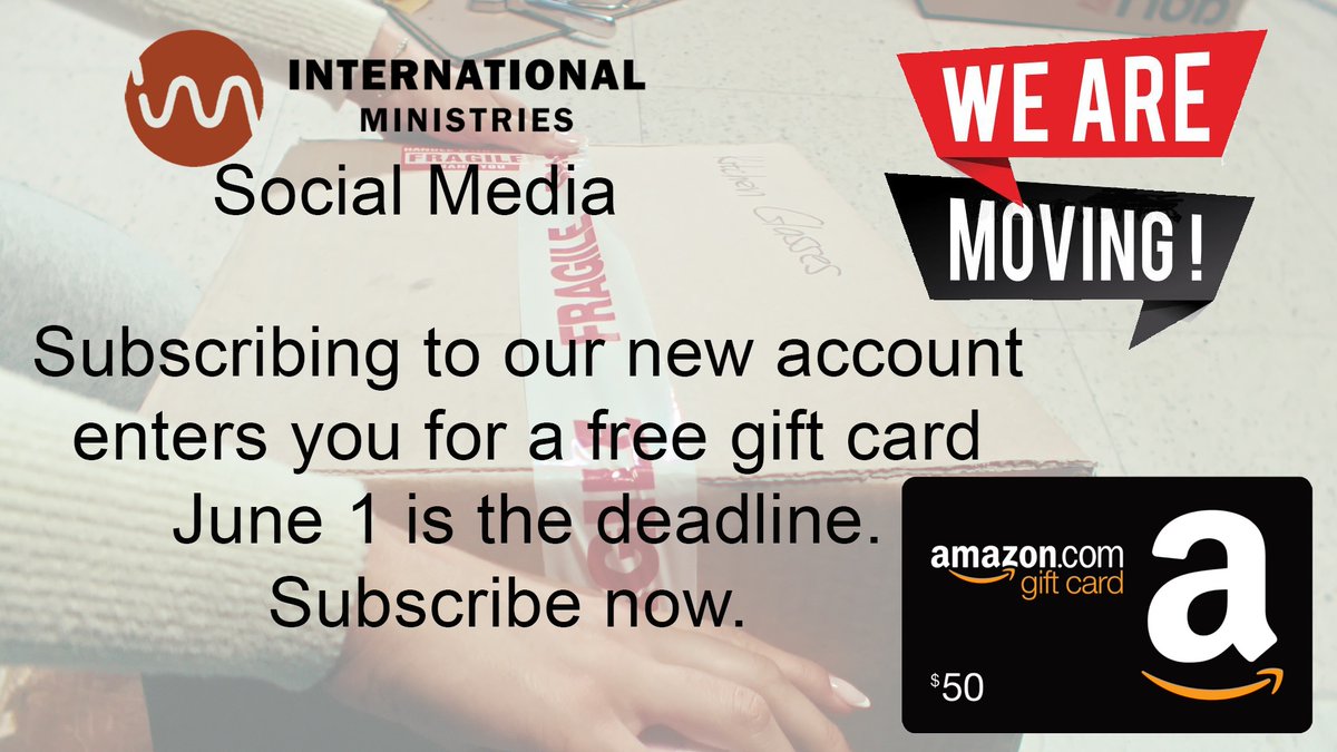 IaMPassionate4's tweet photo. IM social media is on the move. We are desirous that our social media match our new branding. 

If you subscribe between now and June 1 you will be entered into a giveaway for a $50 Amazon gift card. You can find us on Twitter at @GoIMworld https://t.co/njBvGbBDtN