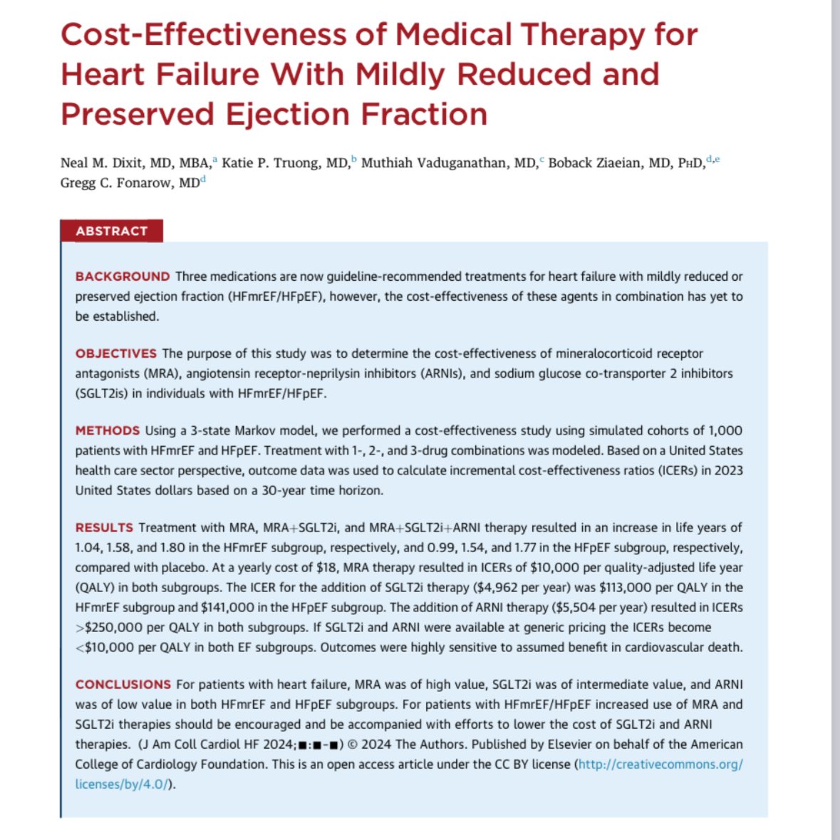 What is a cost-effective GDMT strategy for HFmrEF/HFpEF? 

We built a model w/ clinical trial data (TOPCAT, PARAGON-HF, EMPEROR/DELIVER) and simulated outcomes w/ regimens of MRA/SGLT2i/ARNi. 

Best 💊 combo? 
MRA + SGLT2i

ARNi ⬇️ value at current 💵

Treat HF with urgency!