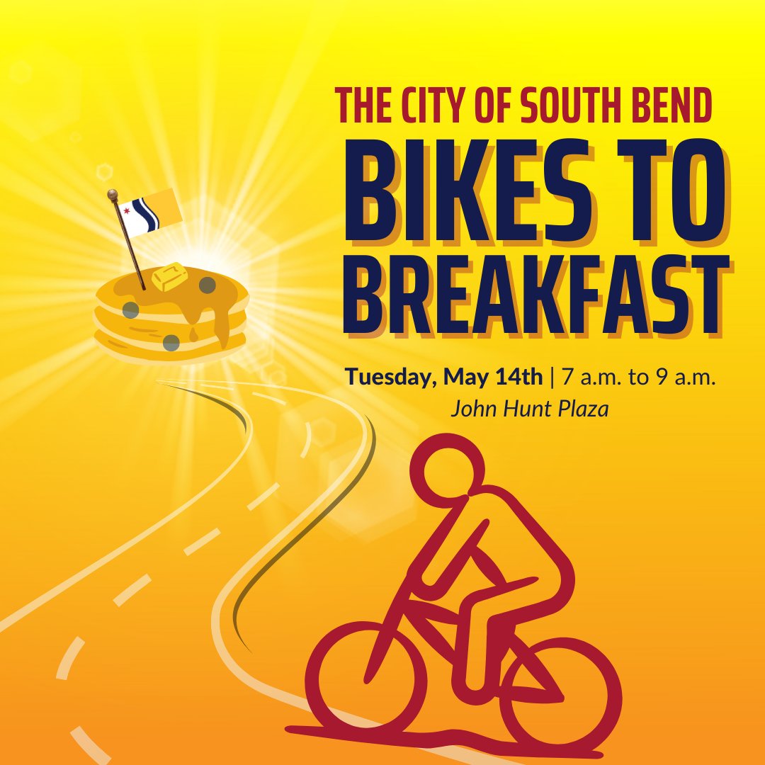 It is time to kickoff #bike to work week with our traditional pancake breakfast this TOMORROW, May 15, 7-9am.
Bike to Gridiron Plaza (corner of Michigan St and Washington St) for a free breakfast!
For more bike to work activities, visit: michianabiketowork.org