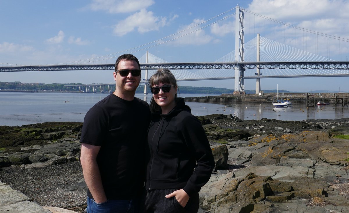 tourscotland's tweet photo. Tour #Scotland travel photography of my daughter and husband by the Bridges on ancestry history visit and trip to coast of #North #Queenferry, #Fife before their return to #San #Diego, #California, #America https://t.co/V8couia7Ui