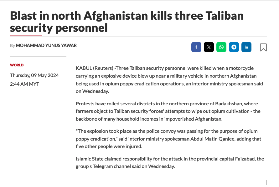 'ISIS-K,' the primarily Tajik remnants of the US client state in Afghanistan, is waging open war against the Taliban to preserve its drug-trafficking operations in Badakhshan (the gateway to Uyghur Xinjiang), which are no longer actively protected by JSOC and the CIA.