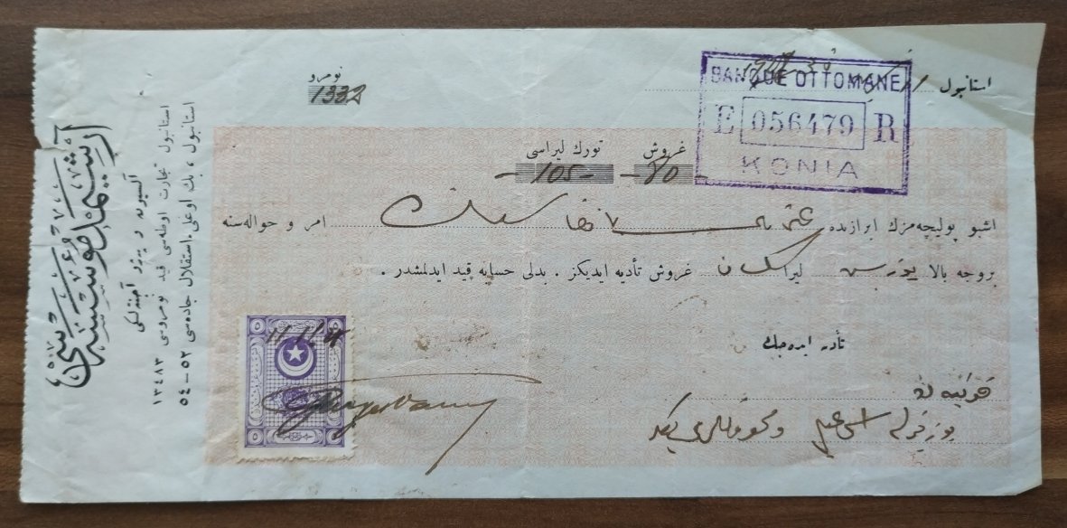 Osmanlı Bankası Konya Şubesi'ne ait oldukça eski bir senet örneği. (Arşivimizden)