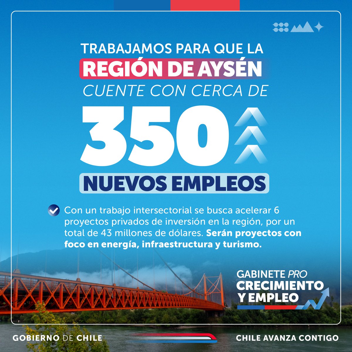 El Gabinete #ProCrecimientoyEmpleo continúa su trabajo por más inversión para nuestras regiones 🇨🇱 En la sesión de hoy, en la Región de Aysén, buscamos acelerar colaboraciones público-privadas en energía, infraestructura y turismo, que promuevan la creación de más empleos.