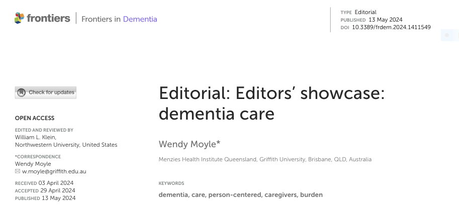 📢 Publication Alert 📢 Congratulations to Prof @WendyMoyle2 on her recent editorial publication in @FrontiersIn #Dementia Have a read here 👇frontiersin.org/articles/10.33…