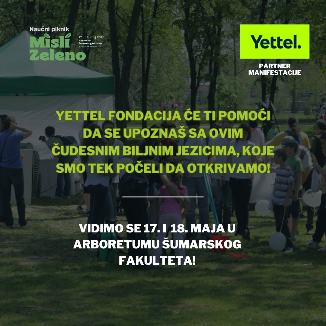 Yettel fondacija je partner ovogodišnjeg Naučnog piknika! <a href="/YettelSrbija_tw/">Yettel.Srbija</a> 

Yettel tim će nam upravo 17. i 18. maja u Arboretumu Šumarskog fakulteta kroz svoju izložbu pokazati kako to biljke međusobno „komuniciraju“.

Vidimo se za manje od 5 dana🍀