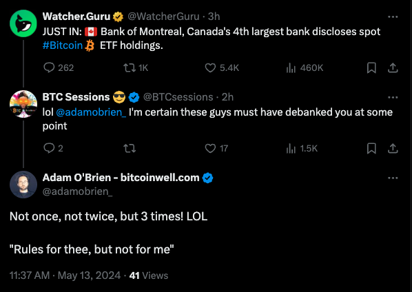 Canadian banks: they'll shut down your accounts if you do anything related to Bitcoin, but are happy to buy it for themselves.