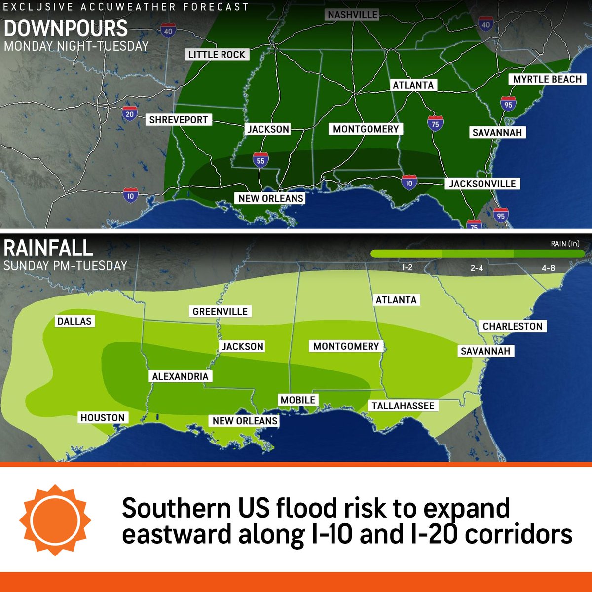 A foot of rain is possible in parts of the Gulf Coast states as a stormy pattern unloads rounds of heavy rain across the region throughout the week. bit.ly/3V0PoDX