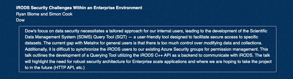 On May 29 at 2:40 PM CET / 8:40 AM ET, @DowNewsroom will give an #iRODSUGM talk that outlines the development of a #Querying Tool utilizing the #iRODS #C++ #API as a backend to communicate with iRODS. #security #datamanagement #datastorage #opensource irods.org/ugm2024/