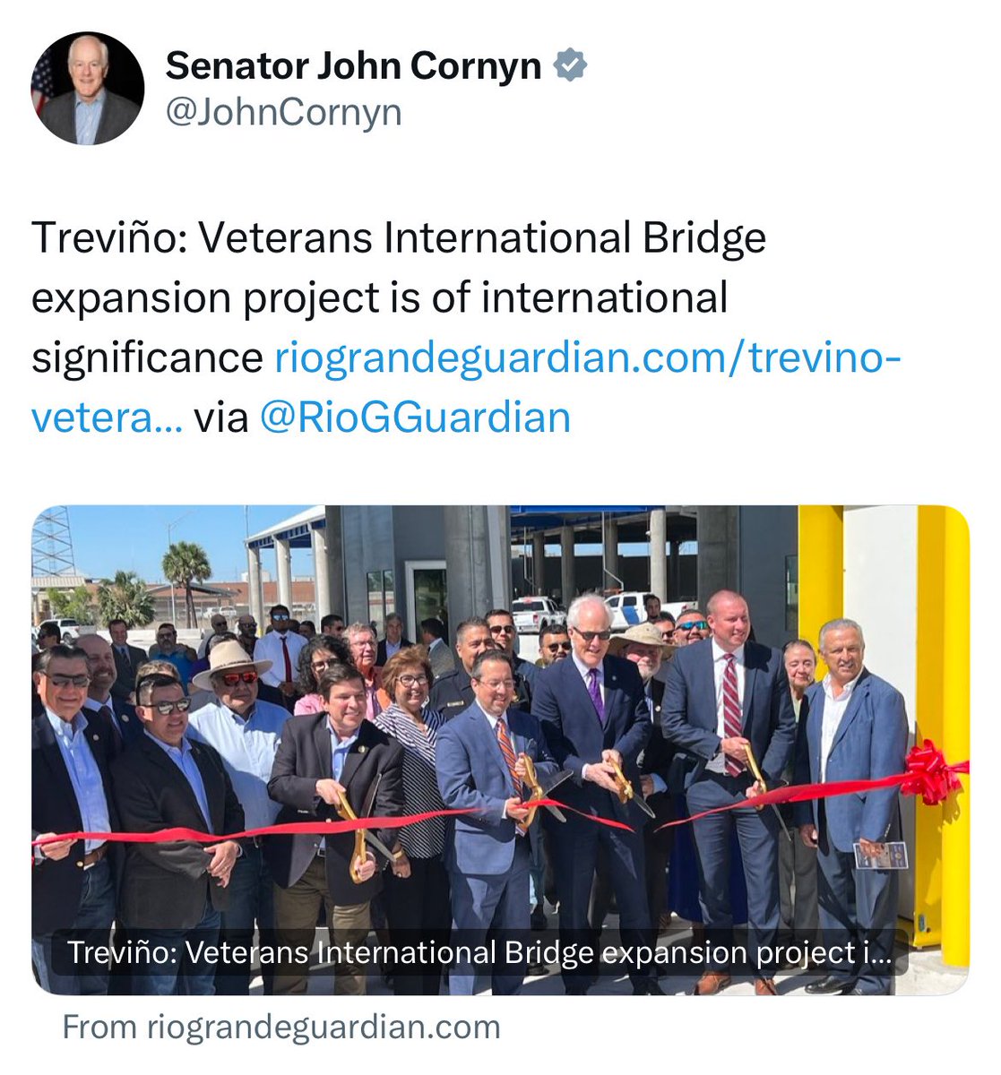 Senator Cornyn participated in the ribbon-cutting for the Veterans International Bridge.   He voted against the Bipartisan Infrastructure Law, which funded the majority of this expansion.