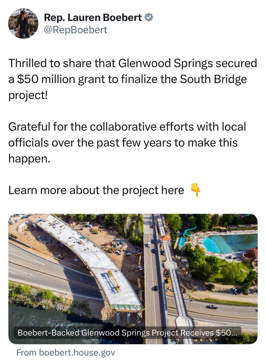 Representative Boebert celebrated the South Bridge project in Glenwood Springs.    She also voted against the Bipartisan Infrastructure Law, which funded this project.