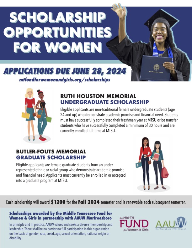 Ladies! These scholarship opportunities are just for you! Find more information below and at mtfundforwomenandgirls.org/scholarships! <a href="/AAUW/">AAUW</a> #AAUW