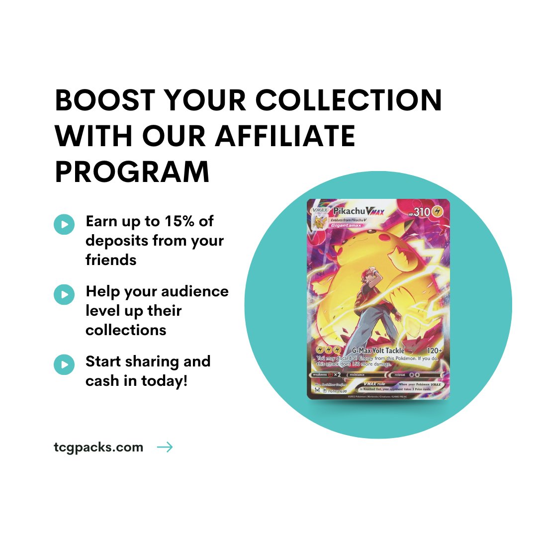 tcgpacks's tweet photo. Boost your trading card collection with our affiliate program! 🚀
Earn up to 15% of deposits from your friends and help them level up their collections too.
Start sharing and cash in today by signing up on our website at https://t.co/dUqcIS44R5
#tcgpacks #tcgcollection 💰🃏 https://t.co/6AcuVA92X1