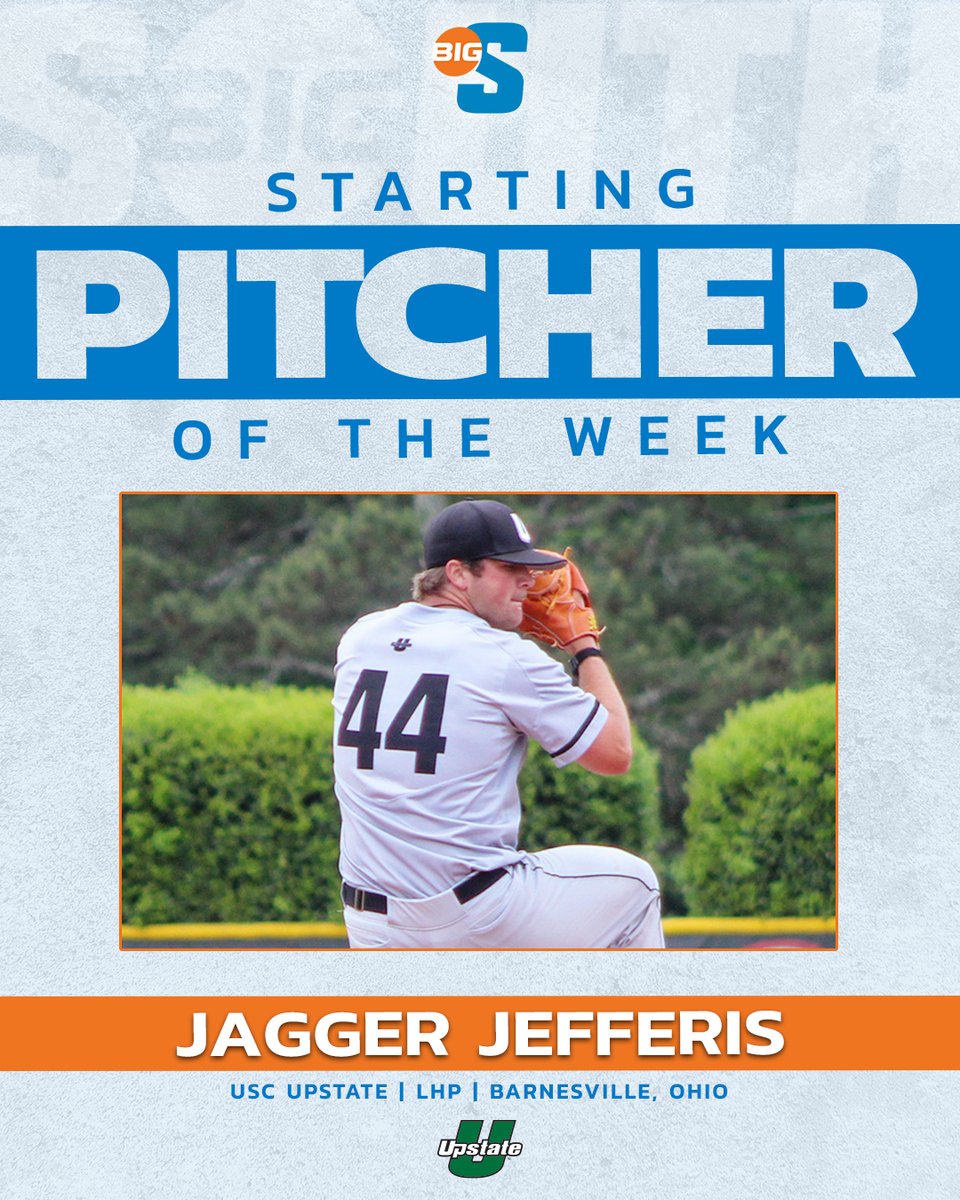 Big South Conference (@bigsouthsports) on Twitter photo Making his first start of the season, he struck out a career-high 1⃣1⃣ batters while allowing one run on four hits in 6.0 innings 👏
<a href="/UpstateBSB/">USC Upstate Baseball</a>'s Jagger Jefferis is the #BigSouthBase Starting Pitcher of the Week! Making his first start of the season, he struck out a career-high 1⃣1⃣ batters while allowing one run on four hits in 6.0 innings 👏
<a href="/UpstateBSB/">USC Upstate Baseball</a>'s Jagger Jefferis is the #BigSouthBase Starting Pitcher of the Week!