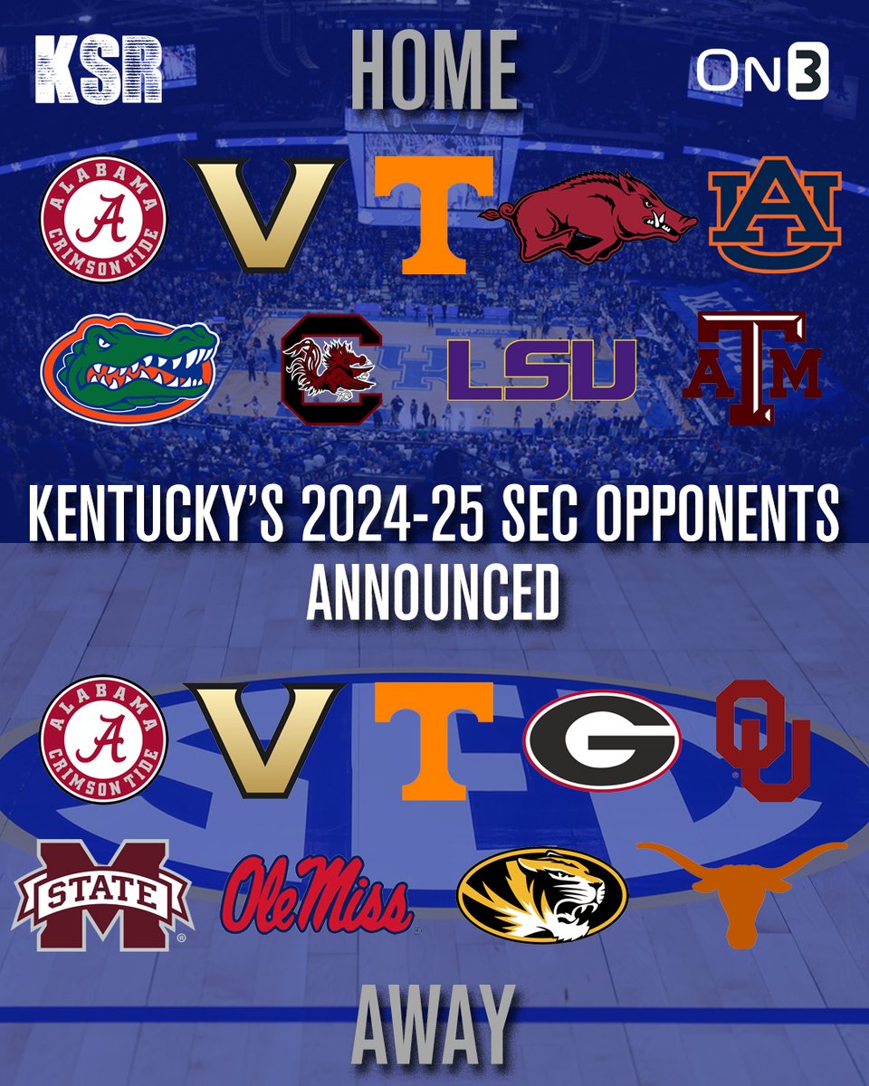 Dates are still TBD, but we at least know Kentucky's SEC opponents for the 2024-25 season. Kentucky will play Alabama, Vanderbilt, and Tennessee twice. Shocked the league didn't seize the chance for two Kentucky/Arkansas games. MORE: on3.com/teams/kentucky…