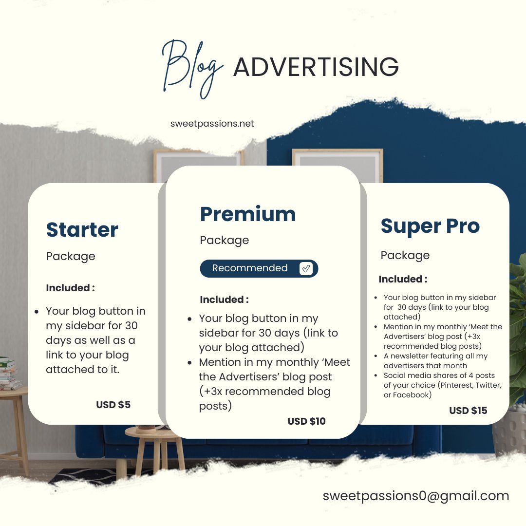 New ad packages are available for bloggers and small business owners!👩🏻‍💻 

Contact me today to secure a spot on my blog with DA 22!   

sweetpassions.net/p/advertising-… 

#BlogAdvertising #GrowYourBlog #BloggingCommunity #bloggerswanted @BloggingConnect @_TeamBlogger @CanBloggersRT