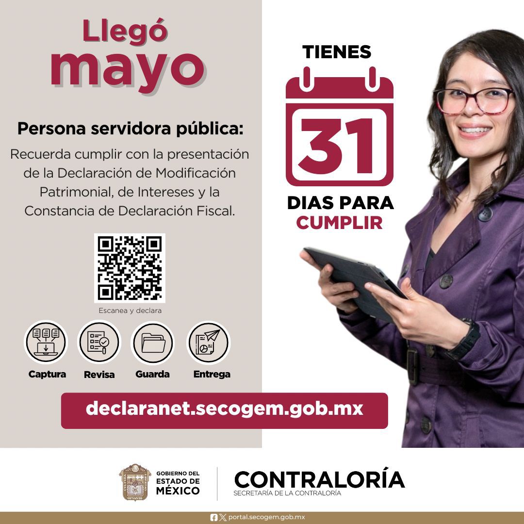 🔍La transparencia fortalece la confianza con la ciudadanía. Por eso, las personas servidoras públicas del ##EstadoDeMéxico presentaremos nuestra #DeclaraciónPatrimonial y la de #Intereses durante todo el mes de mayo. 🖥️declaranet.secogem.gob.mx
