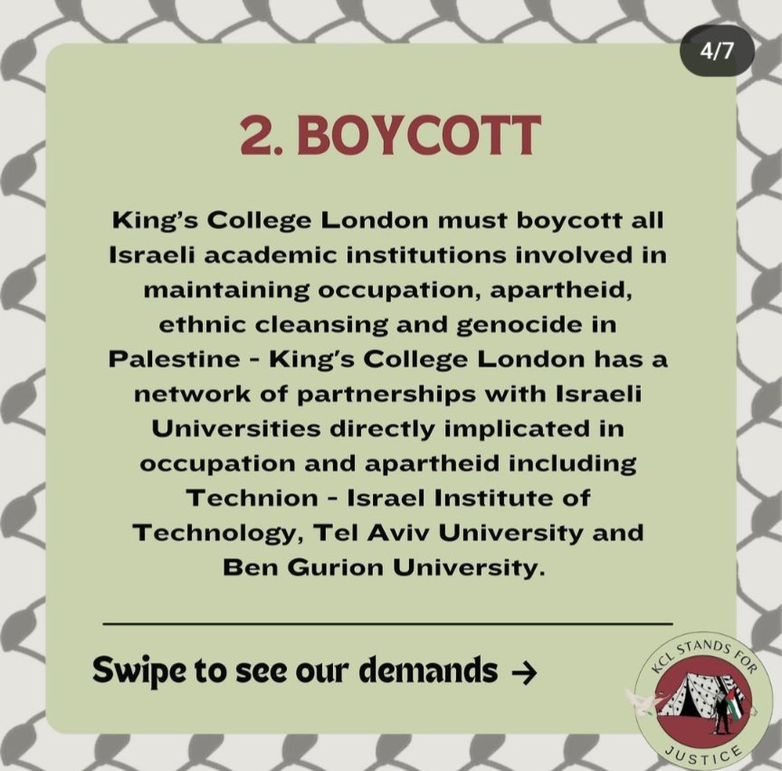 We spent 7 months sending petitions to management signed by 1000s of us, asking @KingsCollegeLon to end its complicity in Israel's genocide. Management ignored us. Now we are escalating! Students launched an encampment & will keep protesting until the uni meets their 5 demands 👇🏼