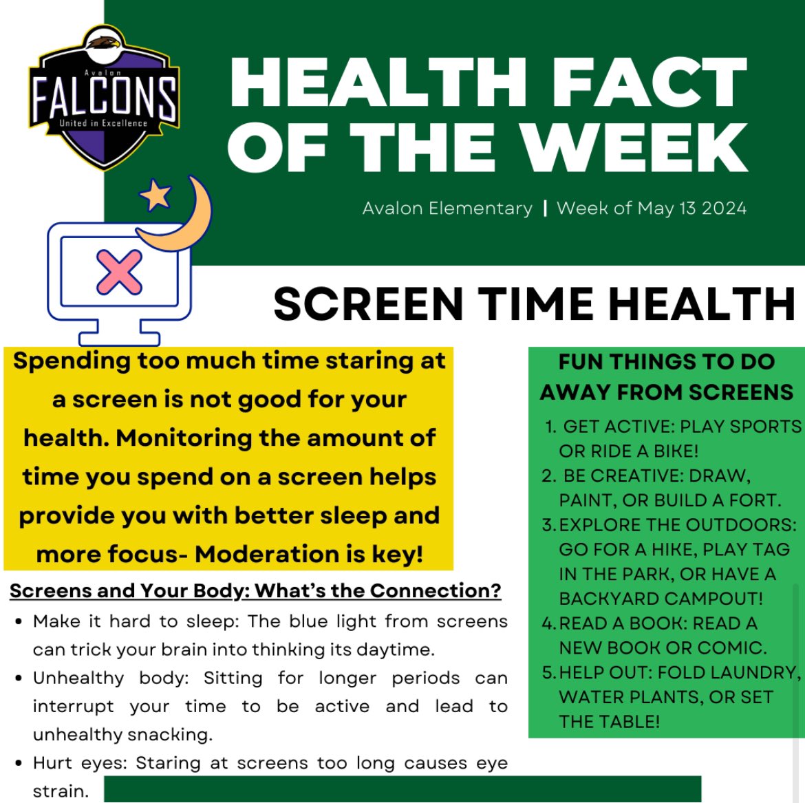 Health Fact of the Week:SCREEN TIME HEALTH. Did you know that monitoring the amount of time you spend on a screen helps provide you with better sleep and more focus? #FalconsUnitedInExcellence #HealthFactoftheWeek2024