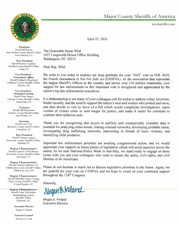 Thank you, @MCSheriffs for your note! I was proud to support law enforcement by voting against this harmful bill. During #NationalPoliceWeek & every week, I will continue to make sure our officers have the resources they need to keep our communities safe.