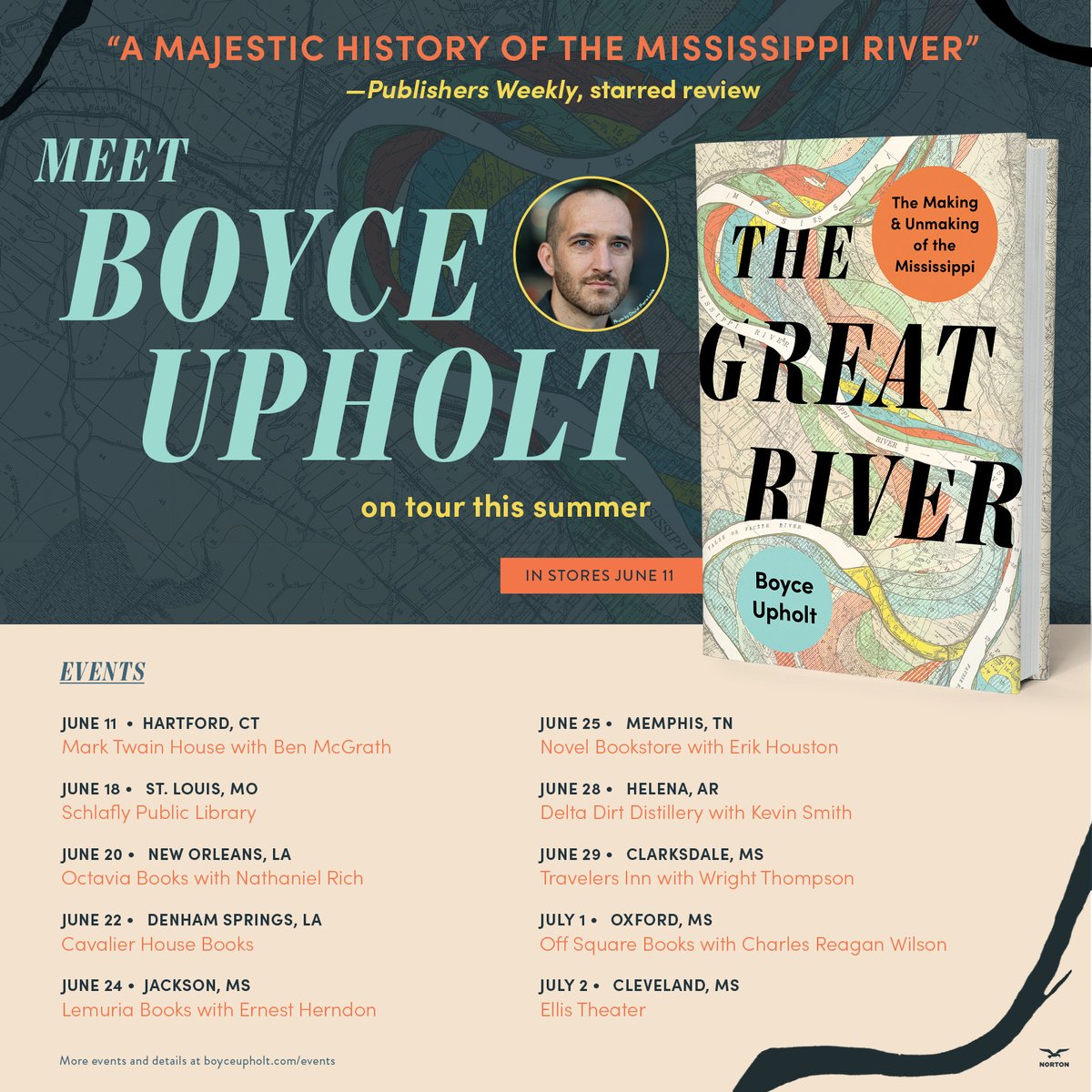 Thank you @TwainHouse, @octaviabooks, @LemuriaBooks, @STLpubLibrary, @novelmemphis, @SquareBooks and others for hosting @BoyceUpholt on tour for THE GREAT RIVER this summer...