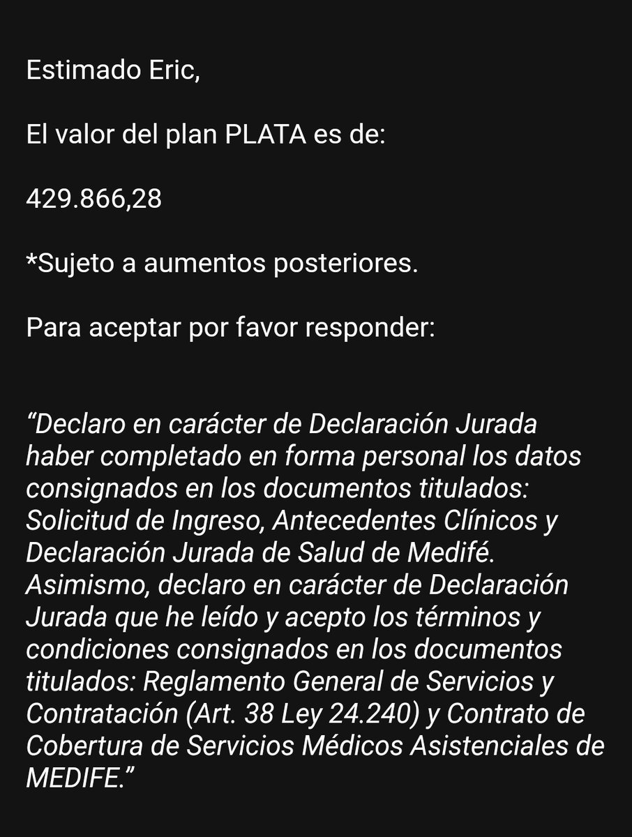 eric_aleAs's tweet photo. MEDIFE ME QUIERE COBRAR $430.000 PESOS MENSUALES LA COBERTURA MEDICA. deja mejor me muero. https://t.co/Tiv9W9CbAm