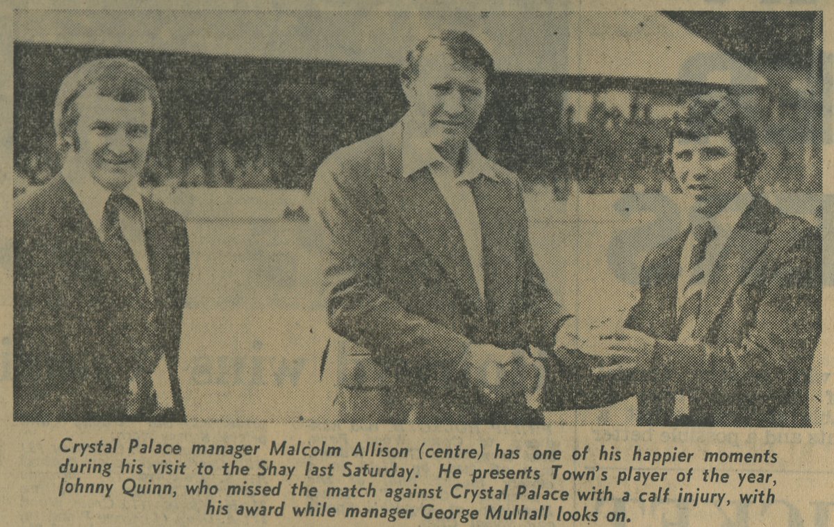 Halifax Town Player of the Year 1973/74 Johnny Quinn receives the award from visiting manager Malcolm Allison of Crystal Palace as Town boss George Mulhall looks on. Photo courtesy Halifax Courier.