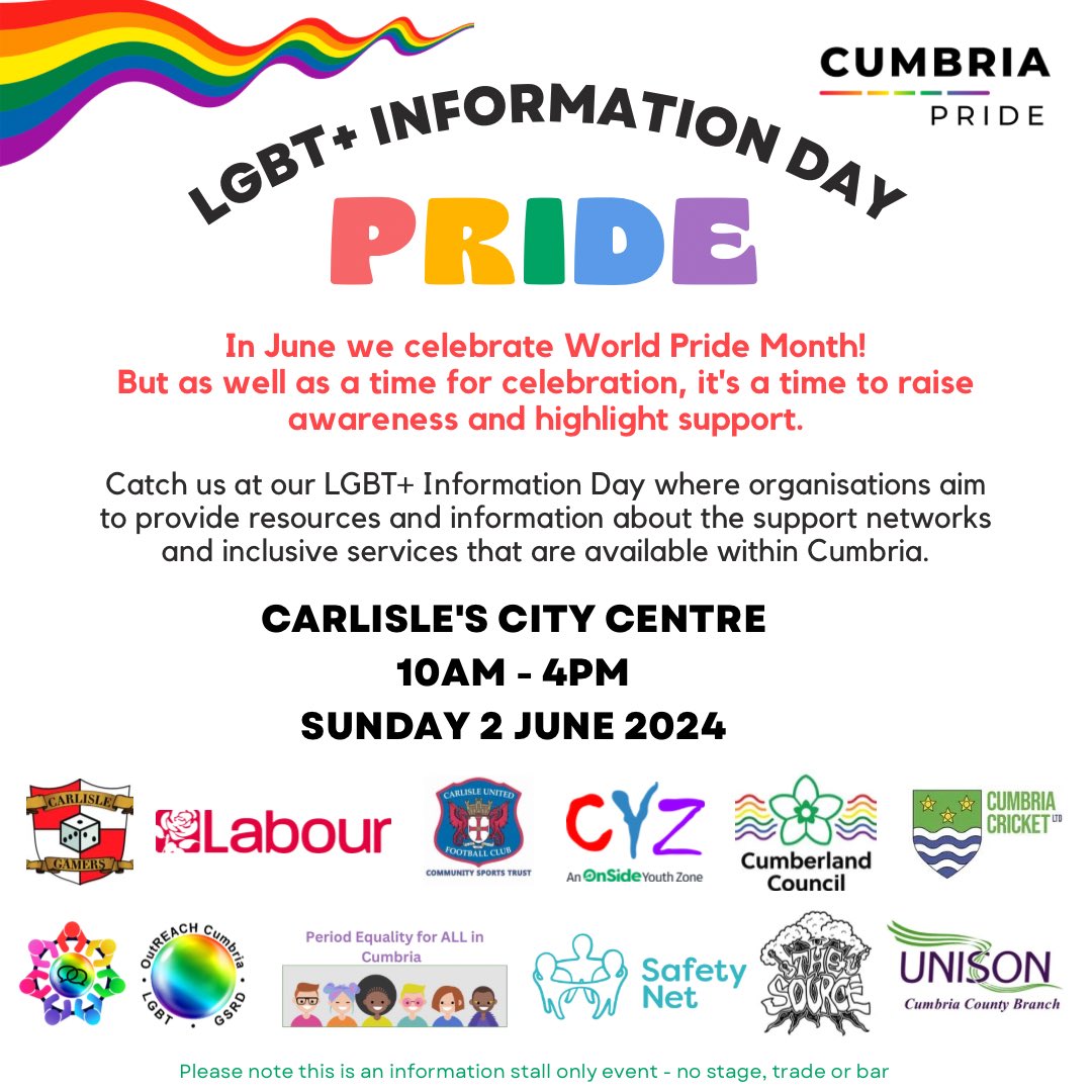CumbriaPride's tweet photo. Thanks to Cumberland Council, you’ll find us in Carlisle’s City Centre on 2 June 2024 (10am-4pm) for our LGBT+ information day celebrating Pride month 🏳️‍🌈🏳️‍⚧️

We’ll be sharing information about LGBT+ support networks, inclusive services and safe spaces, and of course about Pride 24 https://t.co/eJqXlasSNK