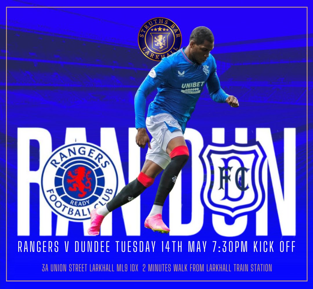 StruthsBar's tweet image. Join us for Rangers v Dundee Live at #struthsbar #Larkhall 👊

7:30pm: Kick Off 

🍊 Orange walk venoms
🔴 Aye Ready Red Venoms 
🍾 Barisic beer bucket deals 
🥃 Shot-a-Arveladzes
😲 Bouncy Bouncy Blue Venoms
🥃 Tequila S Lammers