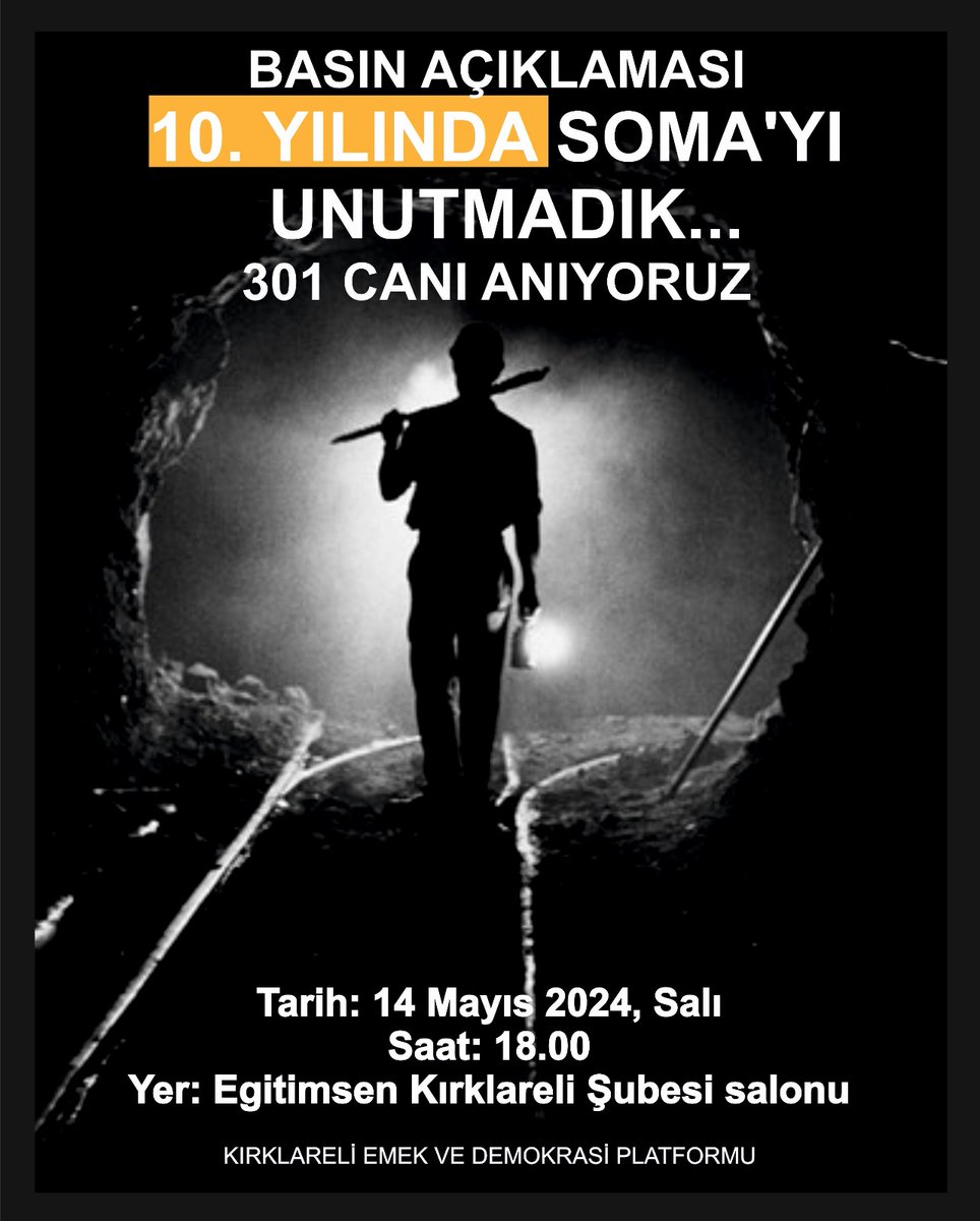 301 CANI ANIYORUZ...
TMMOB Kırklareli İl Koordinasyon Kurulunun da aralarında olduğu Kırklareli Emek ve Demokrasi Platformu Basın açıklaması çağrısı:    

Bir avuç kömür için, bir ömür veren  Maden İşçileri 301'i unutma!

14 Mayıs 2024'ta saat 18.00'de Eğitim-Sen Kırklareli Şube…