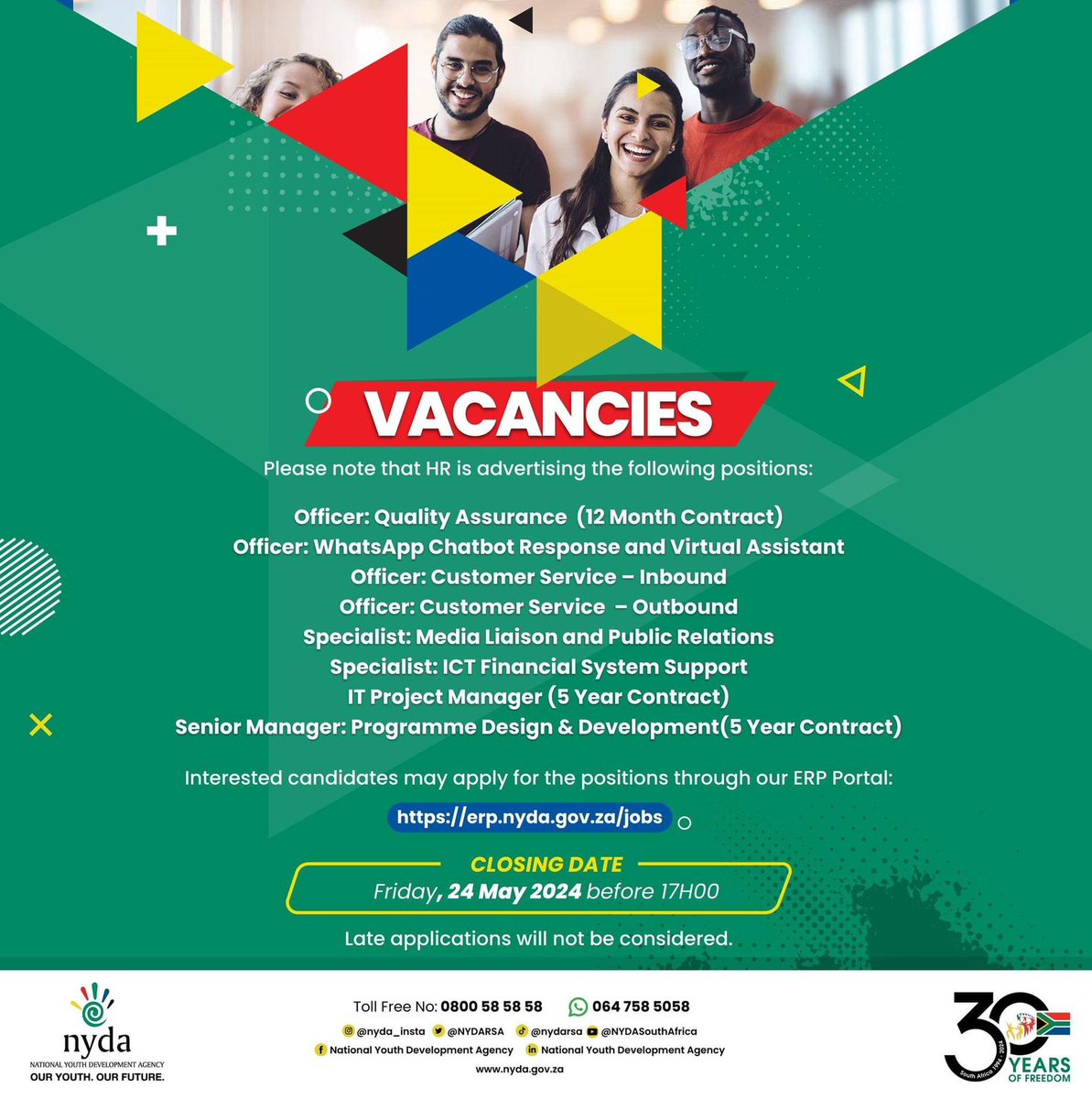 DWYPD_ZA's tweet photo. Work at the @NYDARSA
Interested candidates may apply for the positions online through the ERP portal: https://t.co/14vPV2Upp0
Applications close on: 24 May 2024 at 17:00.
Late applications will not be accepted.
#NYDA #JOBS #Employment #OurYouthOurFuture #iSpani https://t.co/gSaJdfv7BY