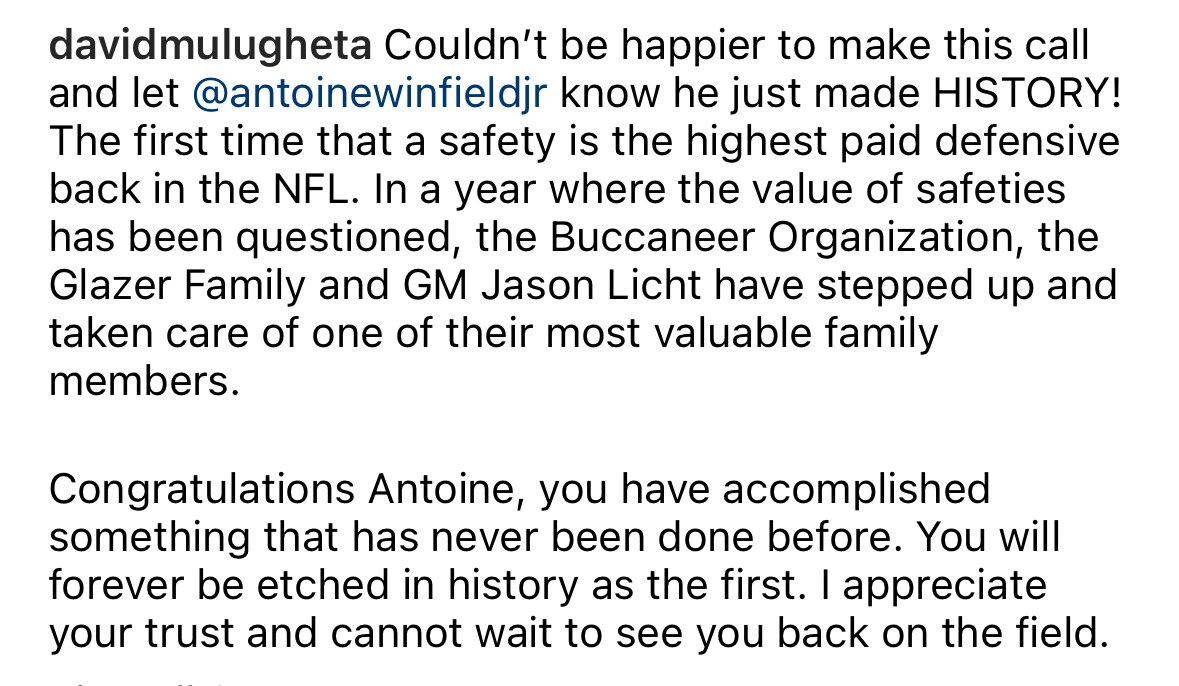 Antoine Winfield Jr’s agent David Mulugheta posted this on IG. It’s him breaking the news to Winfield that he just became the first highest-paid DB as a safety in league history.