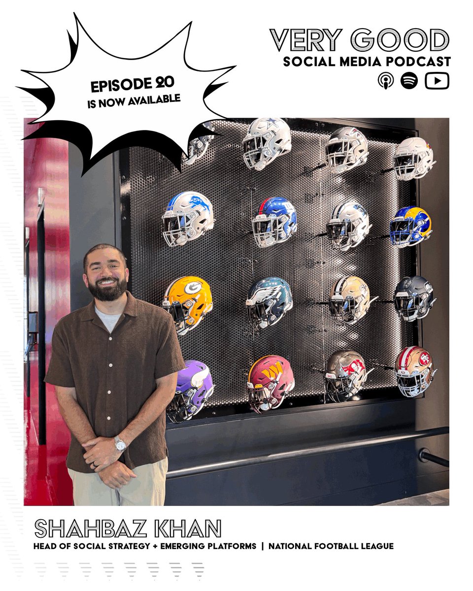 VeryGoodSocial's tweet photo. The Season 1 finale is here! 💥

@ShahbazMKhan, Head of Social Strategy &amp; Emerging Platforms with the @NFL, talks about his journey, using each opportunity to your advantage, not being afraid to shoot your shot and much more.

Catch all 20 episodes where you find your podcasts. https://t.co/yYPdLjEprQ