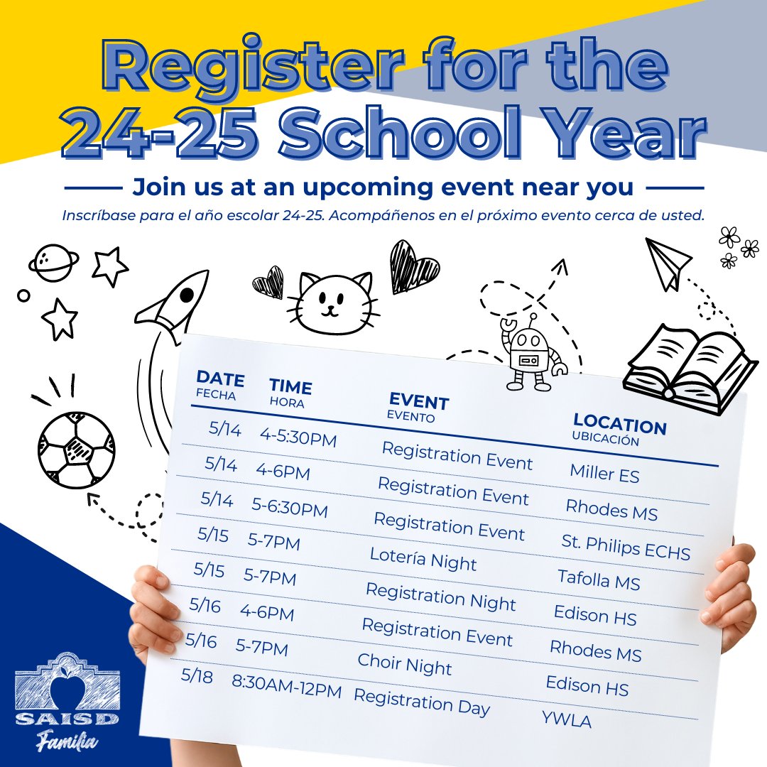 🤗 🗓️ Have you registered at SAISD yet? Visit us at an event near you! (Or register now at saisd.net/enroll.) 

#SAISDEnroll #RegisterNow

🤗 🗓️ ¿Ya se inscribió en SAISD? ¡Visítenos en un evento cerca de usted! (Inscríbase ahora en  saisd.net/enroll.)