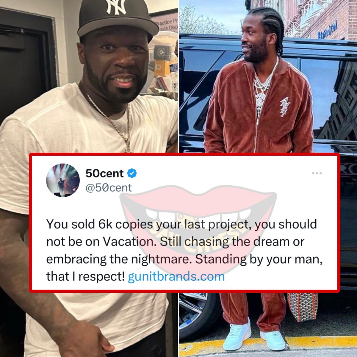 50 Cent seemingly responds to Meek Mill: “You sold 6k copies your last project you should not be on vacation! still chasing the dream or embracing the nightmare, standing by your man that I respect”
