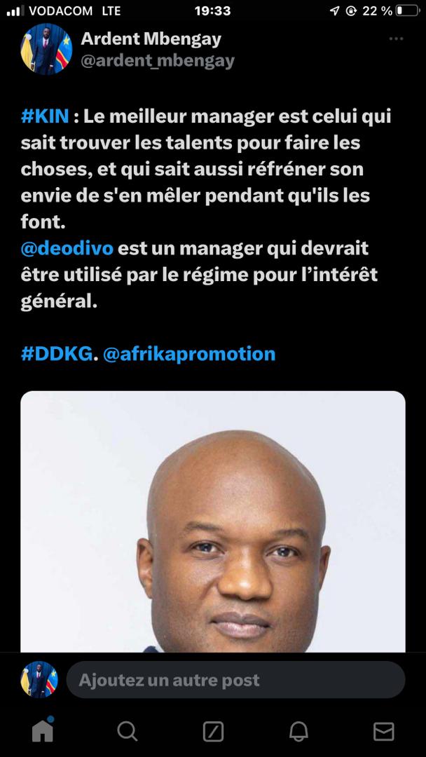 TshiambaDo57374's tweet photo. Le meilleur manager qui sait trouver les talents pour faire les choses, et qui sait aussi réfréner son envie de s'en mêler pendant qu'ils les font.
@deodivo est un manager qui devrait être utilisé par le régime pour l'intérêt général.#DDKG @AfricaPromotion https://t.co/rhfrQWDqRL