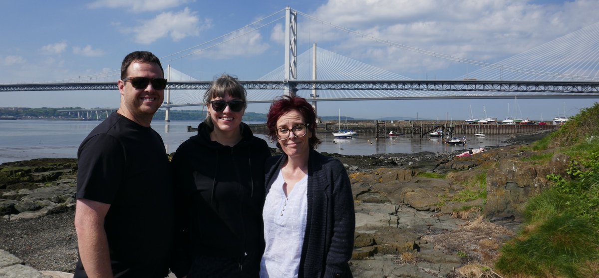 tourscotland's tweet photo. Tour #Scotland travel photography of my good friend Jane with my daughter and husband by the Bridges on ancestry history visit and trip to coast of #North #Queenferry, #Fife before their return to #San #Diego, #California, #America https://t.co/Ouf7LckNww