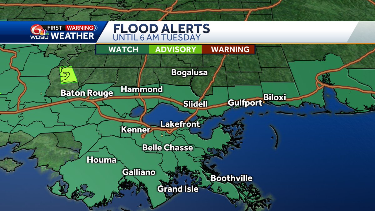 A second wave of storms currently over Texas will bring us another round of heavy rain, and possible severe/strong wind gusts. A Flood Watch is in effect until 6 am Tuesday. wdsu.com/article/weathe…