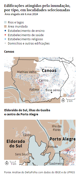 Inundação alagou ao menos 303 mil imóveis residenciais e 801 estabelecimentos de saúde no #RioGrandeDoSul.

Cálculo foi realizado pela <a href="/Folha/">Folha de S.Paulo</a> a partir do cruzamento entre dados do IBGE e da UFRGS.

🧶👇

#ChuvasNoRS