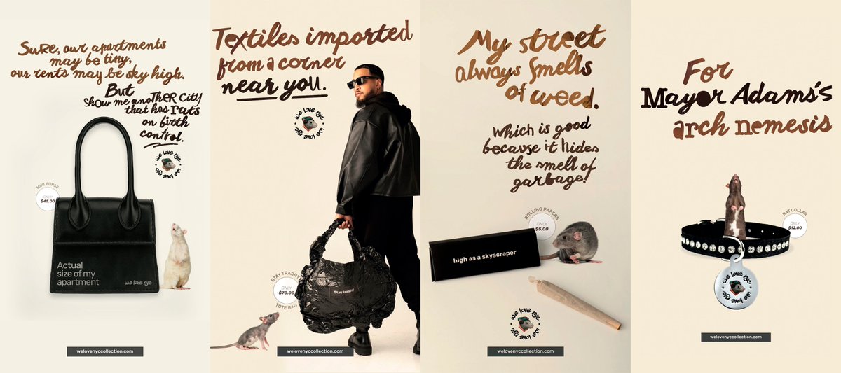 ChechAgost's tweet photo. Our new campaign for NYC is not a campaign.
Introducing "The Ratvertising collection".
The city's most talked about problems, now for sale.
https://t.co/c9KIbne4T2 https://t.co/zjsXcXyRWu