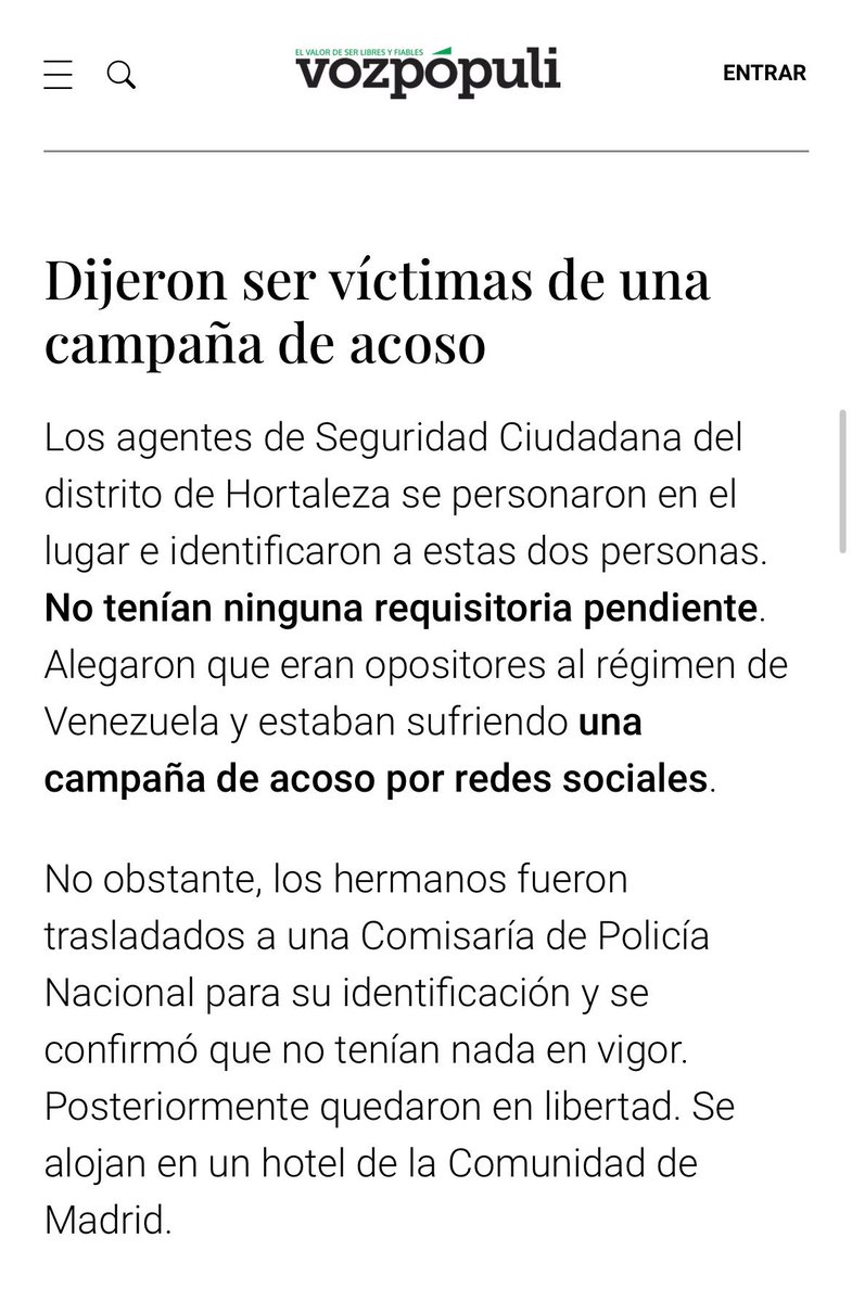 #Venezuela #España Rebeca García y Francisco García fueron liberados: alegaron a la Policía que que 'son opositores al régimen de Venezuela y sufren una campaña de acoso por redes sociales' .